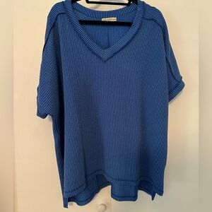 Zenana Blue Ribbed V-Neck Top | Size 2X/3X